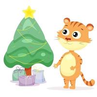 A cute tiger stands near a decorated Christmas tree vector