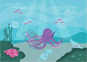 Garbage in the ocean. Plastic debris floating in the water. Seascape with polluted ocean. Ecosystem destruction. Marine animals suffer from pollution. Ecological problem. Vector illustration.