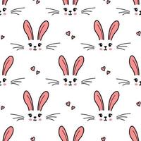 Cute bunny seamless pattern. Hand drawn doodle rabbit face and hearts vector wallpaper.