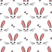 Cute bunny seamless pattern. Hand drawn doodle rabbit face and hearts vector wallpaper.
