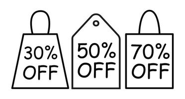 Special offer discount label with different sale percentage. Sale tag outline shape with different discount set. 30, 50, 70 off percent price clearance sticker vector