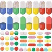 Set of capsules, tablets, pills, supplements vector illustration. Capsules containing medicine, transparent capsule. Pills for health care, doctor prescription and more
