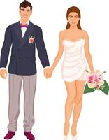 Beautiful young couple in wedding costumes, holding hands. Bride and groom in trendy, fashionable attire. vector