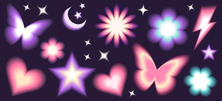 Y2k blurred gragient unfocused set. Abstract geometric shapes in trendy retro style. Heart, flower, daisy, butterfly, star, moon vector