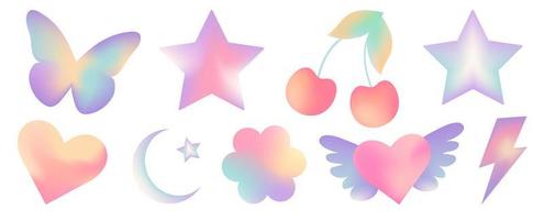 Set of mesh blurred unfocused gradient stickers in pastel colors. Abstract y2k geometric shapes in trendy retro style. Heart, flower, daisy, butterfly, star, moon, cherry, angel vector