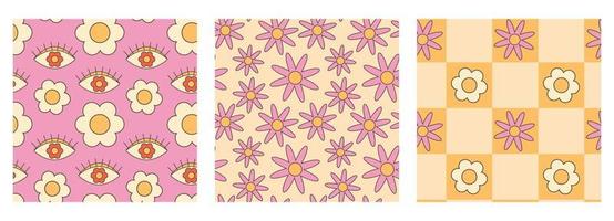 Retro groovy hippie seamless pattern set. Seamless abstract geometric pattern. Floral background. vector
