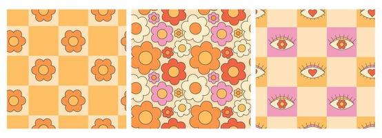 Retro groovy hippie seamless pattern set. Seamless abstract geometric pattern. Abstract floral background. vector