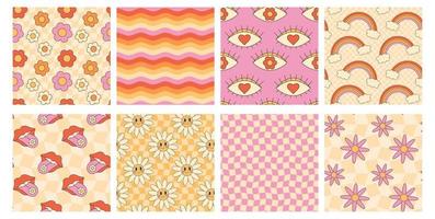 Retro groovy hippie seamless pattern set. Seamless abstract geometric pattern. Floral background. Rainbow, daisy, flower, checkerboard, mouth, tongue, wave vector