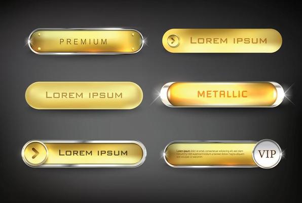 Collection golden iron button on black background
