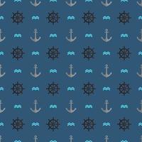 Vector seamless pattern in nautical style with items anchor, rudder, waves
