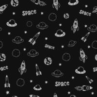 vector seamless pattern, doodle style drawing, space on a black background, like chalk on a blackboard