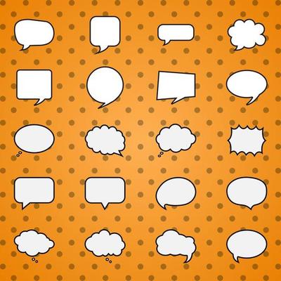 Speech bubble comic pop art set. Retro empty design elements dialog clouds with halftone dot background.