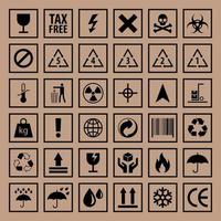 Vector packaging symbols on vector cardboard background.