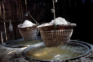 Salt in basket on stove. photo