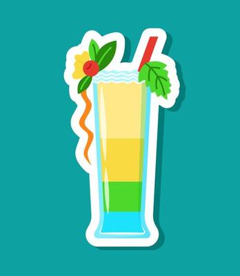 Vector multicolored cocktail sticker in cartoon style. Isolated layered drink in the glass