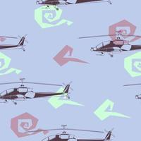 Seamless pattern. Military helicopter with clouds. Backdrop with combat vehicle. Colorful vector illustration isolated on purple background.