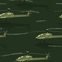 Seamless pattern. Military helicopters. Backdrop with combat vehicle. Colorful vector illustration isolated on green background.