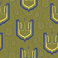 Seamless pattern. Trident emblem on the shield. Symbol of the army of Ukraine. Military insignia. Colorful vector illustration isolated on green background.