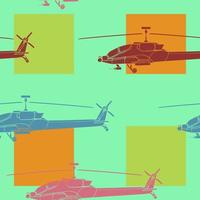 Seamless pattern. Colorful Military helicopter. Backdrop with combat vehicle. Colorful vector illustration isolated on background.