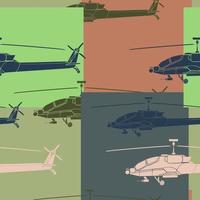 Seamless pattern. Multi colored Military helicopter. Backdrop with combat vehicle. Colorful vector illustration isolated on background.