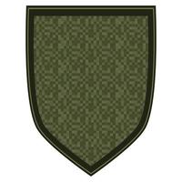 Green military ranks shoulder badge. Army soldier chevron. Uniform sign with green pixel camouflage. Colorful vector illustration isolated on white background.