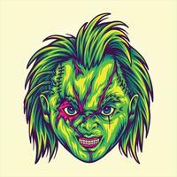 Spooky zombie dolls head logo cartoon illustrations vector