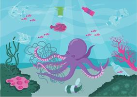 Garbage in the ocean. Plastic debris floating in the water. Seascape with polluted ocean. Ecosystem destruction. Marine animals suffer from pollution. Ecological problem. Vector illustration.