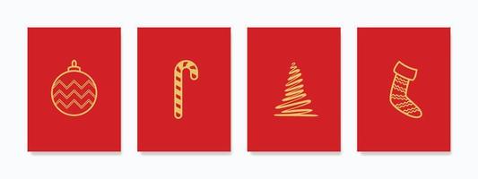 Festive Christmas wall art set featuring trees, stockings, balls, and candy on a red background. Versatile decor for cards, posters, banners, and room decorations. vector