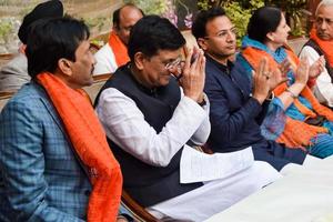 New Delhi, India - November 27 2022 - Piyush Goyal Cabinet Minister and core member of Bharatiya Janata Party - BJP during a rally in support of BJP photo