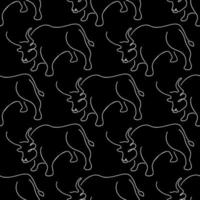 Seamless pattern with bulls illustration in line art style white color on black background vector