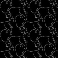 Seamless pattern with bulls illustration in line art style white color on black background vector