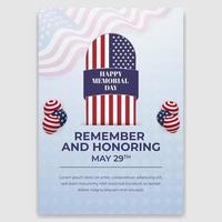 US Memorial Day May 29th flyer design with tombstone and flag pattern illustration vector