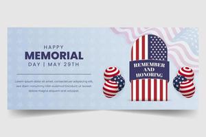 US Memorial Day May 29th horizontal banner with tombstone and flag pattern illustration vector