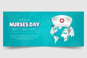 World Nurses Day May 12th horizontal banner with hat stethoscope and globe illustration on blue background vector