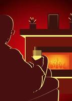 silhouette of a man in an armchair in front of a fireplace with a drink vector