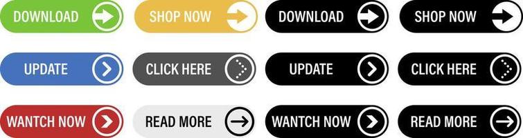 Trendy buttons. Download, Update, Watch Now, Shop Now, Click Here, Read More. Vector illustration