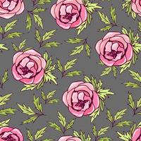 Hand-drawn delicate floral vector seamless pattern. Pink flowers of peony, roses, green foliage on a gray background. Fabric prints, textile products, packaging, apparel, home decor.