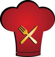 Red chef hat and golden fork and knife cross vector illustration logo icon template