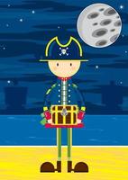 Cute Cartoon Swashbuckling Pirate Captain with Treasure Chest on the Beach by Moonlight vector