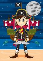 Cute Cartoon Swashbuckling Pirate Captain with Swords and Ship on the Beach by Moonlight vector