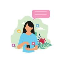 mujer funcionar un móvil teléfono, social medios de comunicación márketing vector