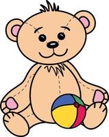 Teddy bear with stitches with a ball, cute innocent teddy bear, vector illustration clip art
