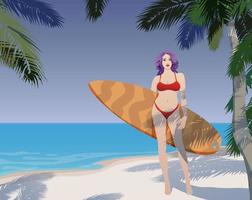 Girl with a surfboard on the beach. Vector. vector