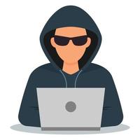 Hacker in black glasses with a laptop. Network hacking. Vector illustration.