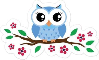 Blue baby owl on a branch full of flowers vector cute vector illustration
