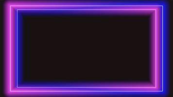 Neon pink-blue lights in rectangular frame with shining effects on dark- brown background. Glowing backdrop linear. Vector illustration.