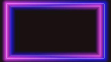 Neon pink-blue lights in rectangular frame with shining effects on dark- brown background. Glowing backdrop linear. Vector illustration.