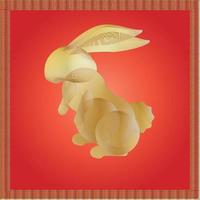 Lino-cut rabbit art symbolized which stand on summer red radial background and colored gold gradient for new year or lunar new year and fortune prediction of the year with golden meander pattern vector