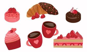 Appetizing sweets and cups with drink vector