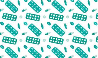Green and blue pills and blisters on a white background. vector